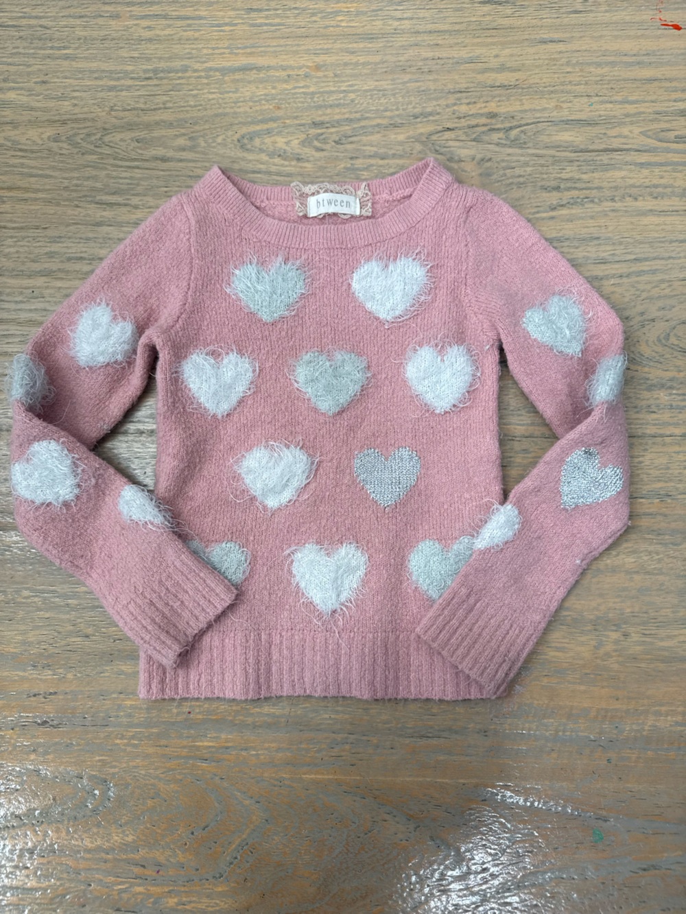 btween Pink Sweater with White Heart Accents